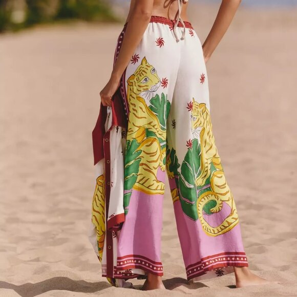 Anthropologie Celandine Linen Blend Wide Leg Pants Tiger Big Cats S NWT Small - Picture 3 of 4